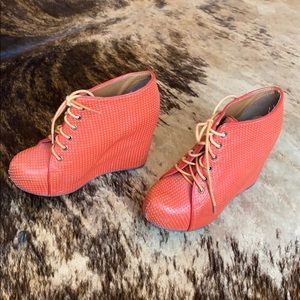 Orange textured Jeffery Campbell wedged booties